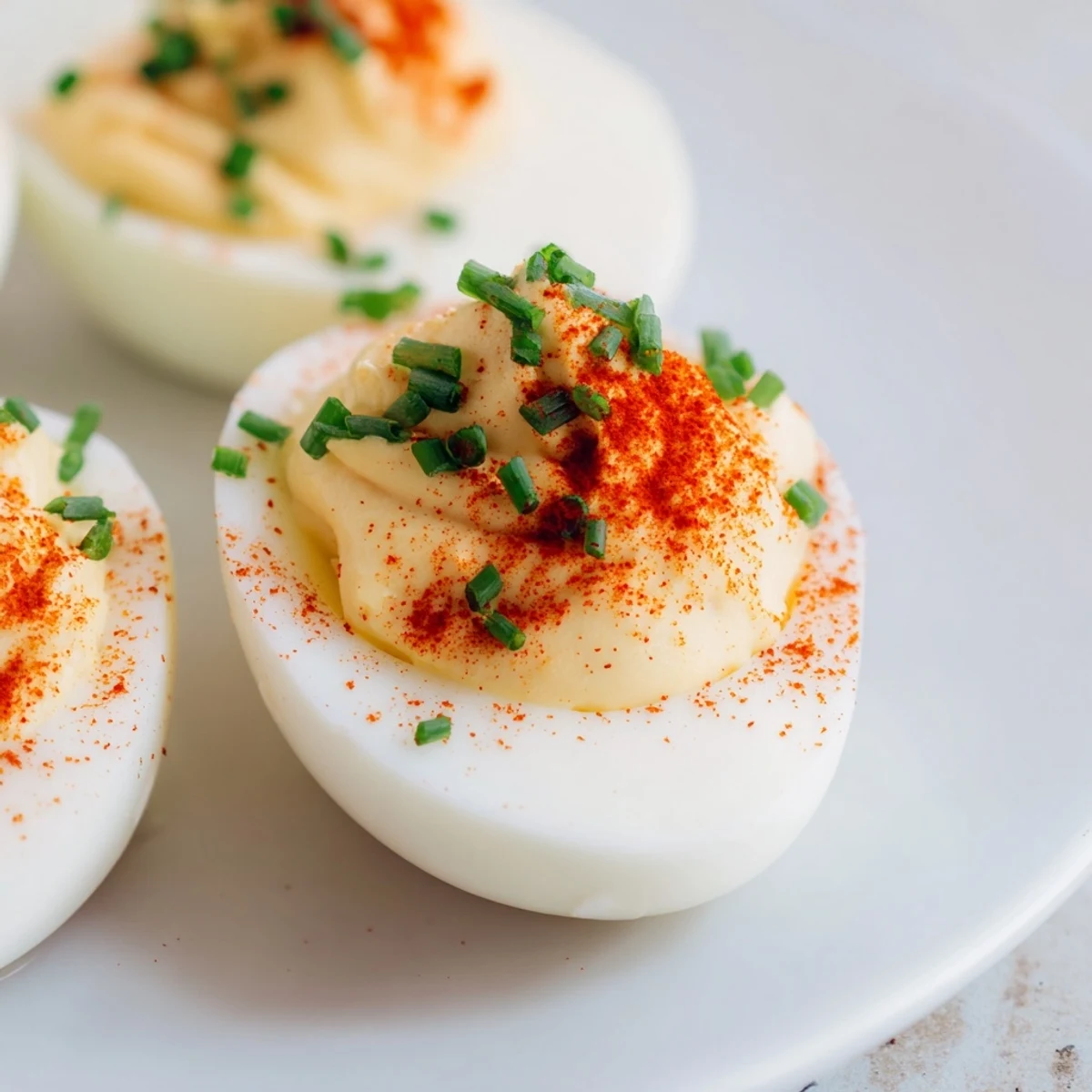 A close-up of Deviled Eggs with Chives and Smoked Paprika on a white plate.