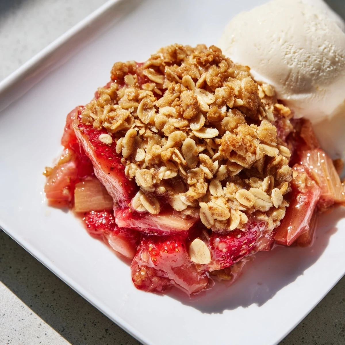 Warm Strawberry Rhubarb Crisp served in a white bowl with melting vanilla ice cream.