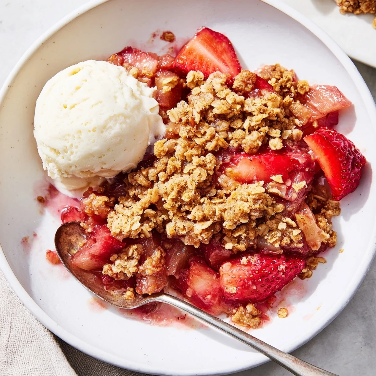 Rustic Strawberry Rhubarb Crisp on a wooden table featuring vibrant red fruit and crunchy oats.