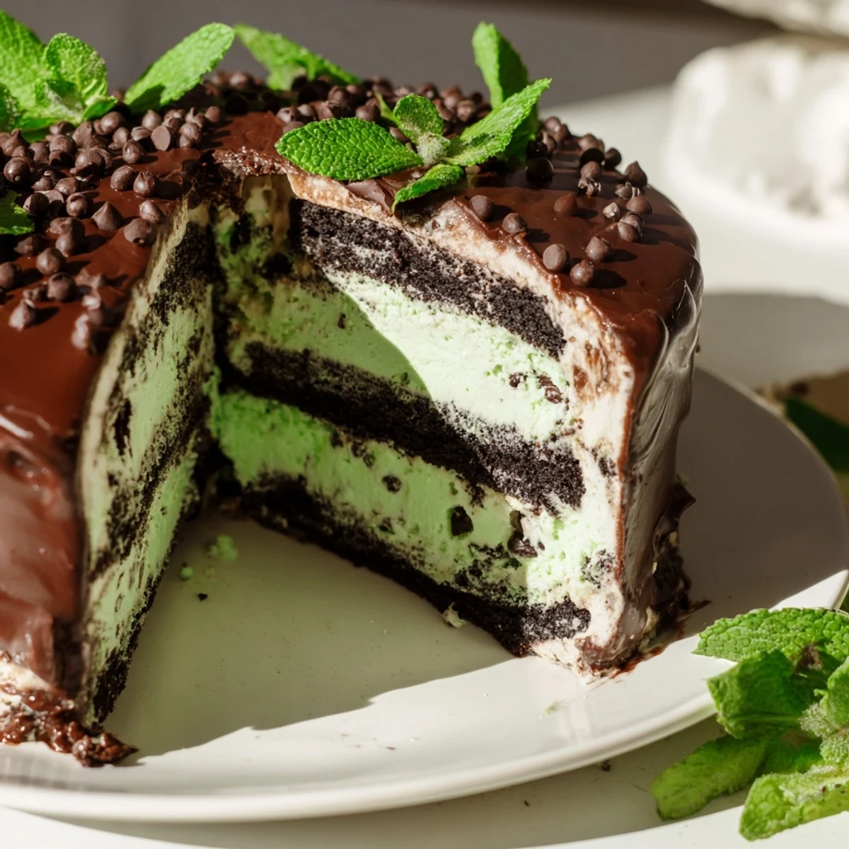 Mint Chocolate Chip Ice Cream Cake in a springform pan shows a slice with cookie crust and mint flecks.