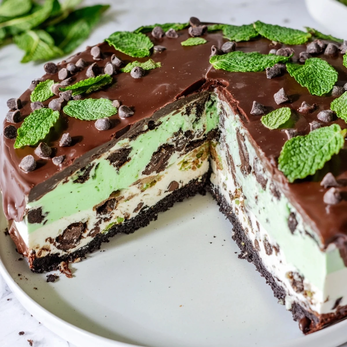 A slice of Mint Chocolate Chip Ice Cream Cake on a plate with a mint garnish and chocolate drizzle.