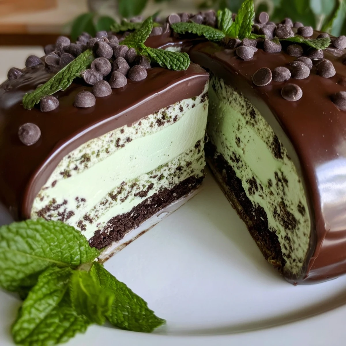 Close-up of Mint Chocolate Chip Ice Cream Cake highlighting smooth ganache, chocolate chips, and a crunchy cookie base.