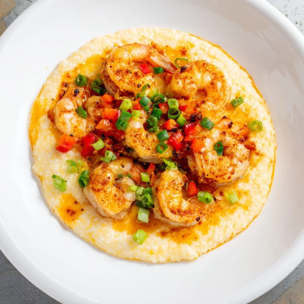 Overhead view of a comforting bowl of Cajun Shrimp and Grits with Sharp Cheddar, garnished with fresh parsley and vibrant green onions on a rustic wooden table.