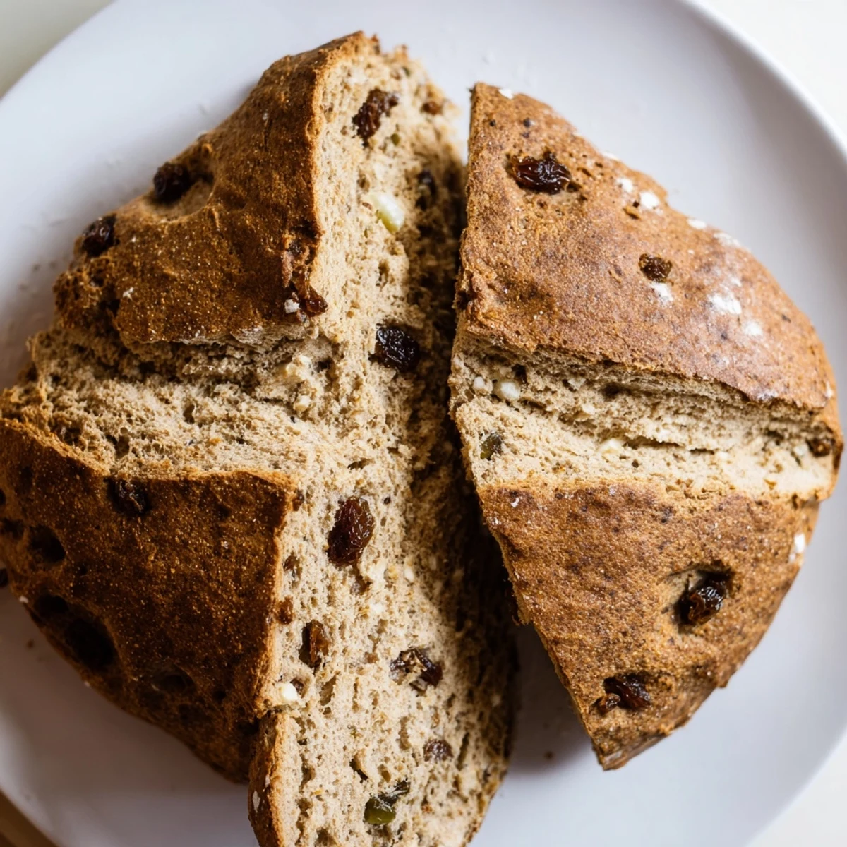 Freshly baked Whole Wheat Irish Soda Bread with raisins on a wooden cutting board, showcasing the rustic, golden-brown crust. 
