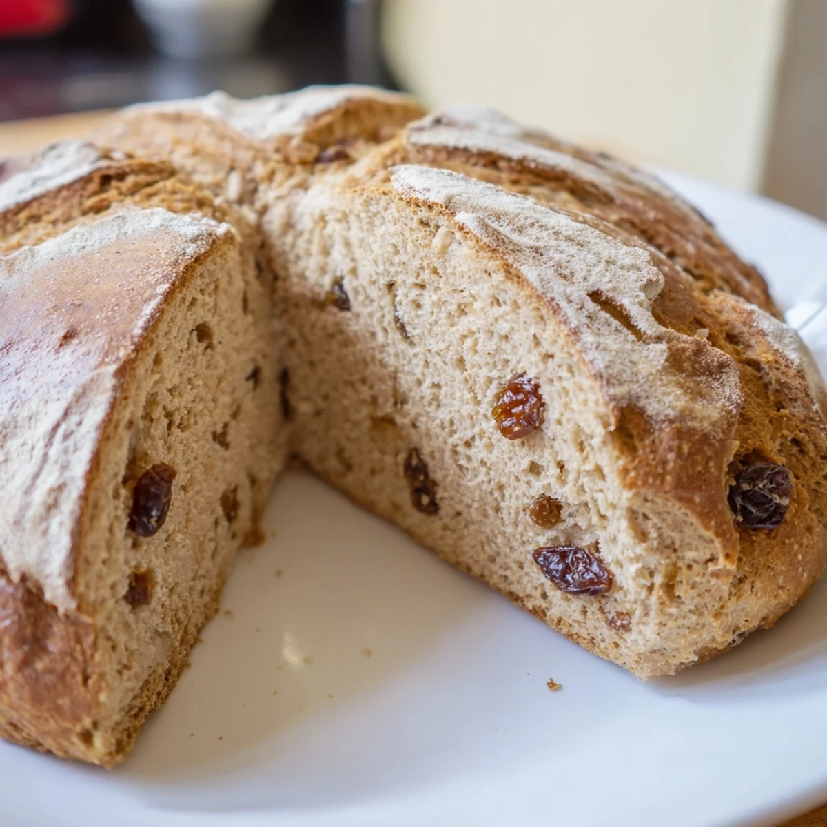 A warm slice of Whole Wheat Irish Soda Bread reveals a tender, raisin-studded crumb, served with butter and jam. 