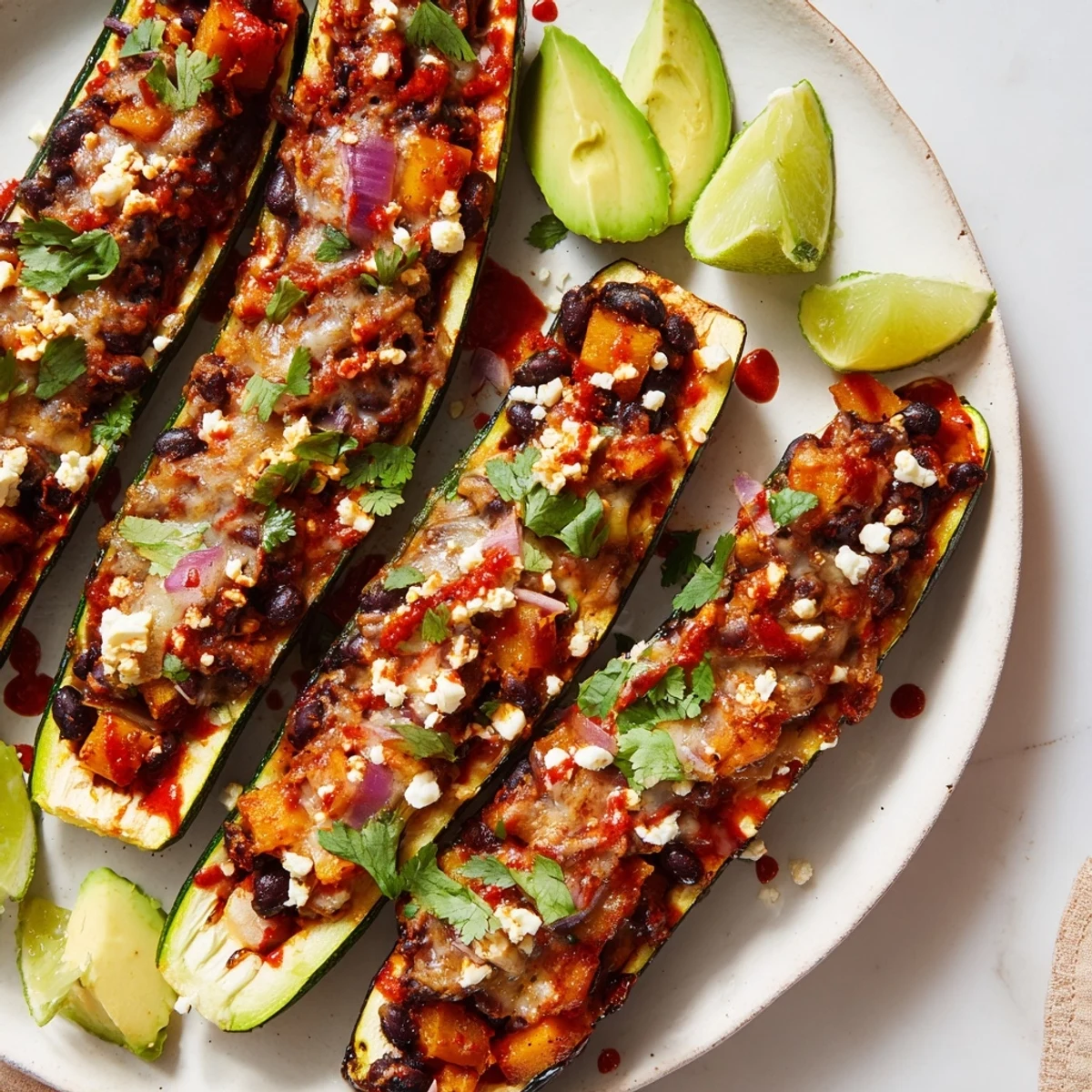 Roasted zucchini boats filled with black bean and butternut squash mixture, smothered in red enchilada sauce and melted cheese.