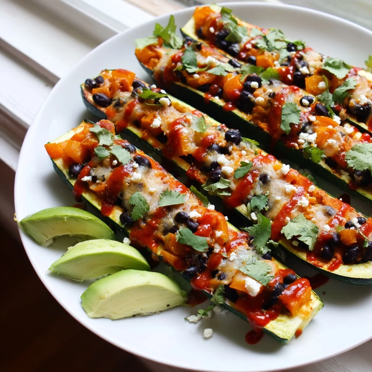 Spicy vegetarian enchilada boats topped with cilantro and avocado slices, served on a rustic white plate for dinner.