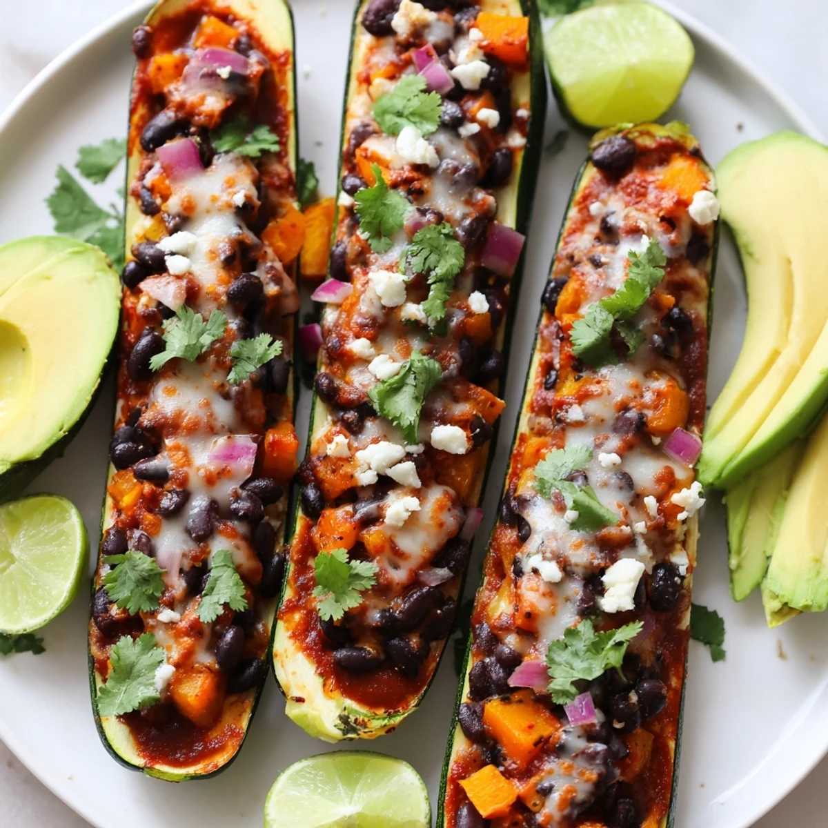 Golden baked zucchini boats with black beans and squash, garnished with lime wedges and crumbled queso fresco.