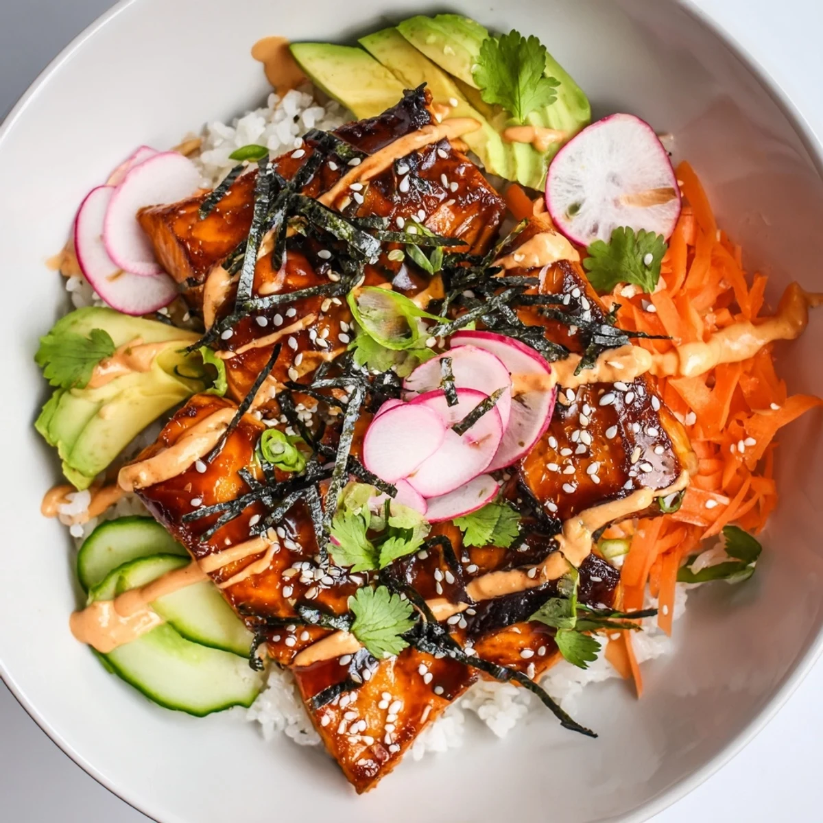 Fresh avocado slices and spicy sriracha mayo top this Teriyaki Salmon Rice Taco Bowl, served with nori strips.