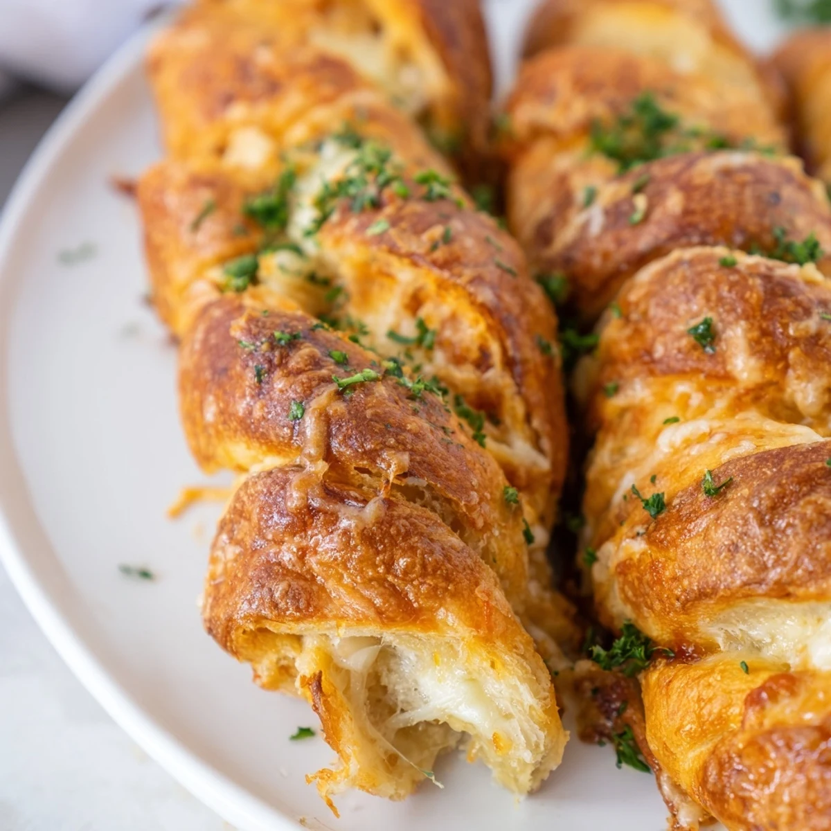 Freshly baked Crispy Air Fryer Pizza Cheese Bread Twists garnished with parsley and garlic butter.
