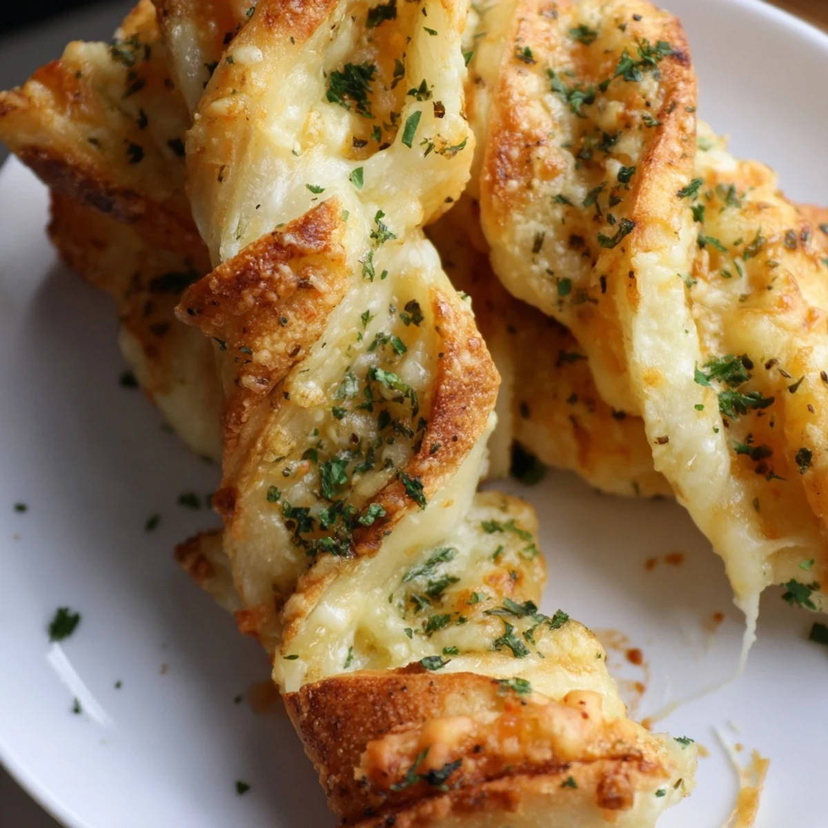 A close-up of golden Crispy Air Fryer Pizza Cheese Bread Twists stacked on a rustic table.