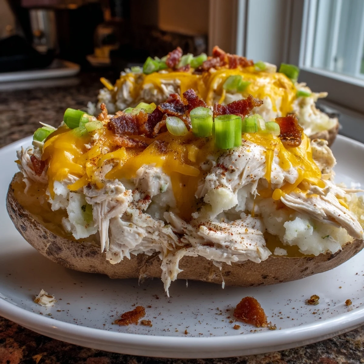 Melted cheddar cheese topping on Mud Chicken Stuffed Twice Baked Potatoes served alongside a fresh green salad for a hearty dinner.