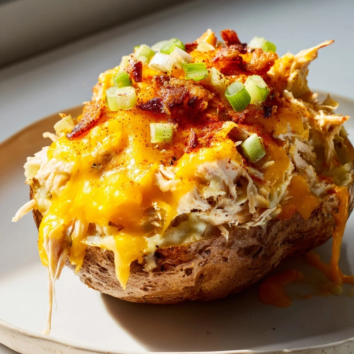 Crispy baked russet potatoes filled with savory shredded chicken and creamy mashed potato mixture in Mud Chicken Stuffed Twice Baked Potatoes.