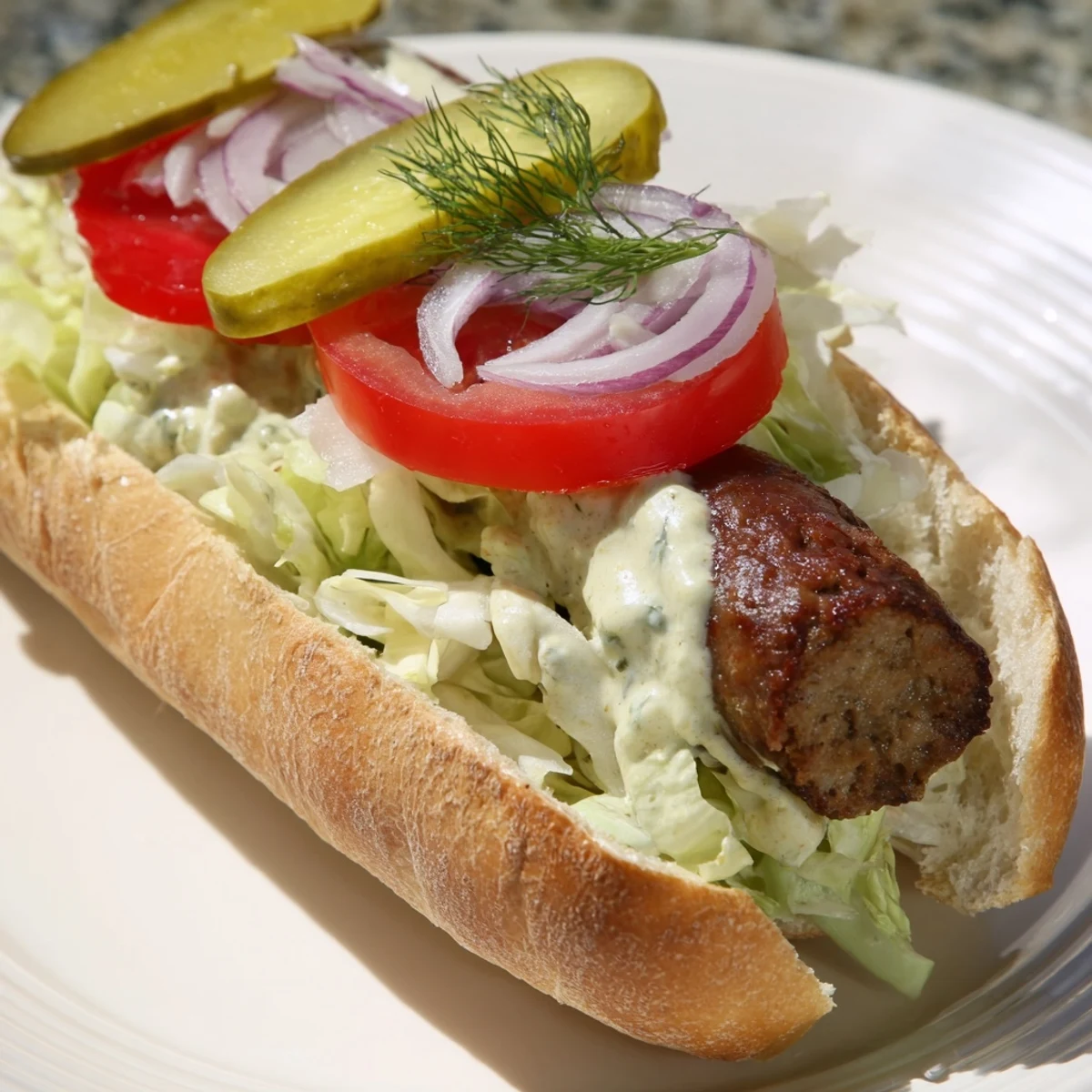 Golden-brown grilled Cajun beef sausage po boy sandwiches on a crusty baguette, layered with fresh lettuce, tomatoes, pickles, and creamy remoulade. 