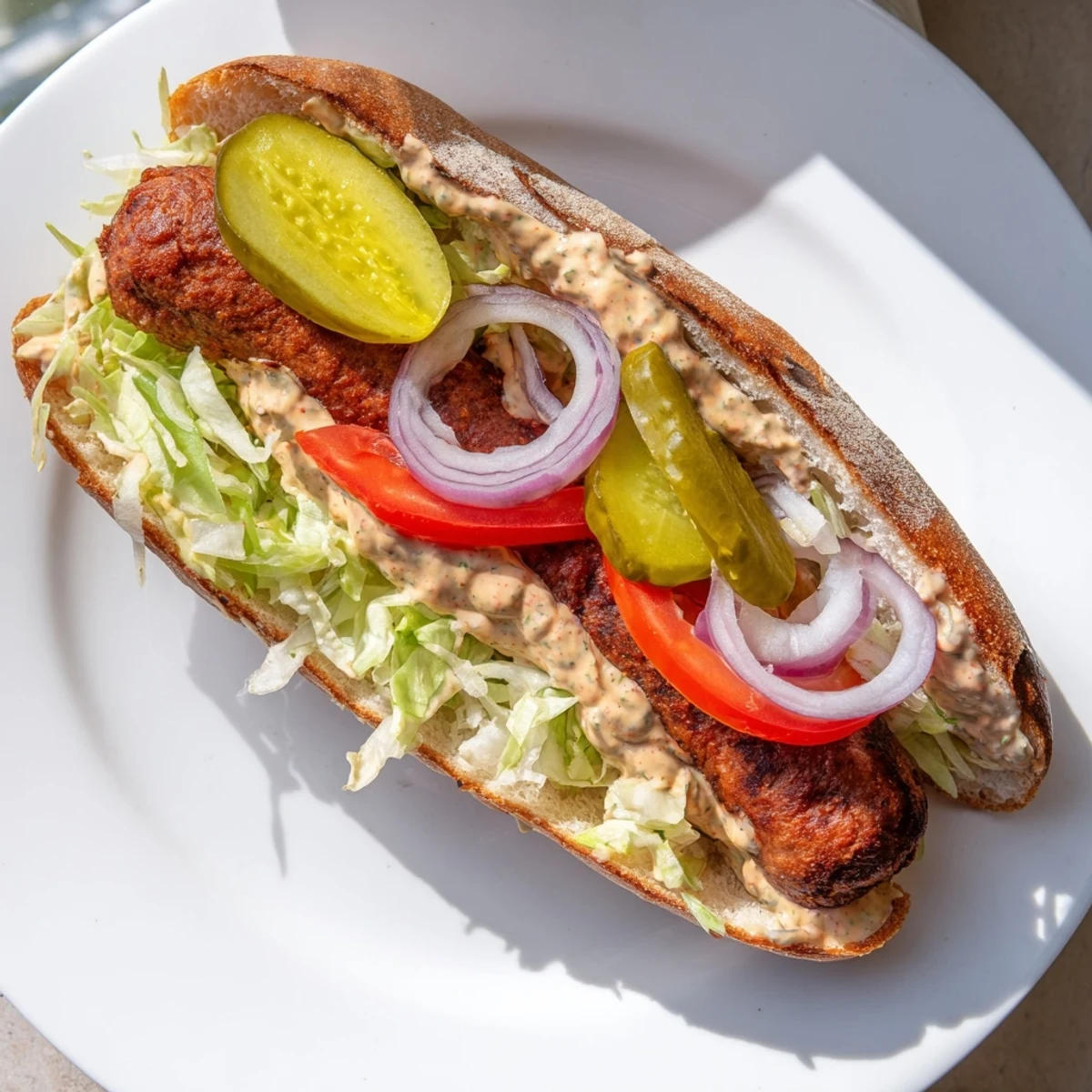 Freshly assembled Grilled Cajun Beef Sausage Po Boy Sandwiches with vibrant red tomatoes and green lettuce on a toasted roll.