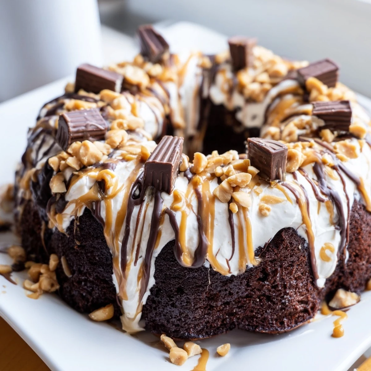 Moist chocolate cake slices of Chocolate Peanut Butter Poke Cake reveal creamy filling, whipped cream topping, and a rich drizzle.