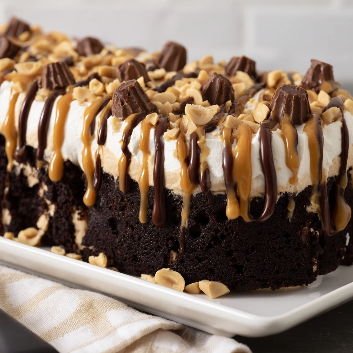 Perfect for celebrations, Chocolate Peanut Butter Poke Cake is served chilled with chopped peanuts and chocolate-peanut butter drizzle.