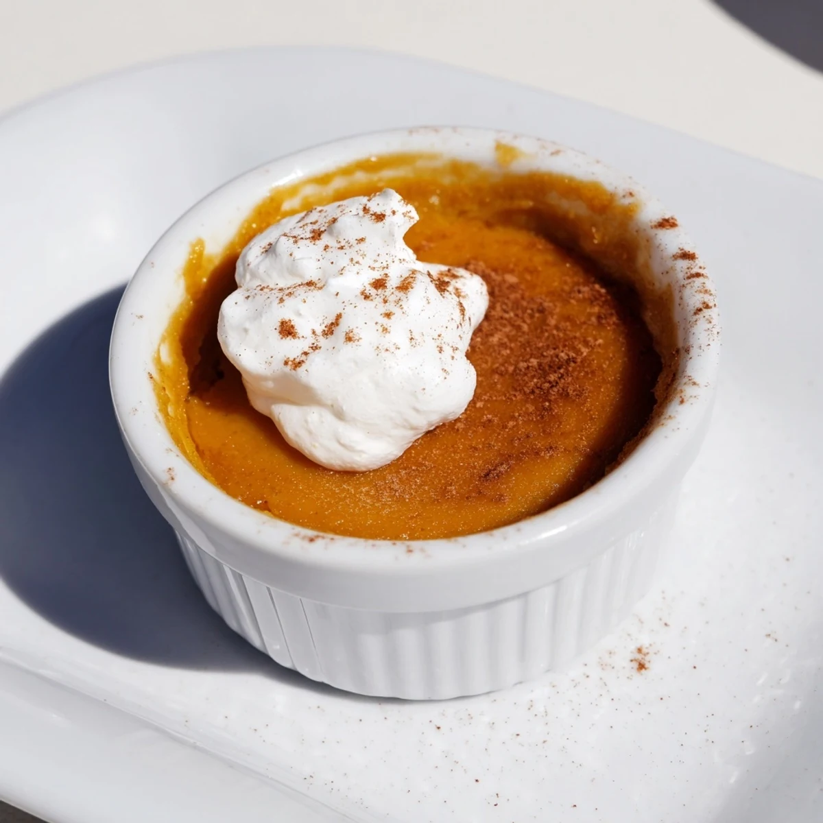 Freshly baked Effortless Baked Pumpkin Pudding cooling on a rustic wooden table, perfect for autumn desserts.