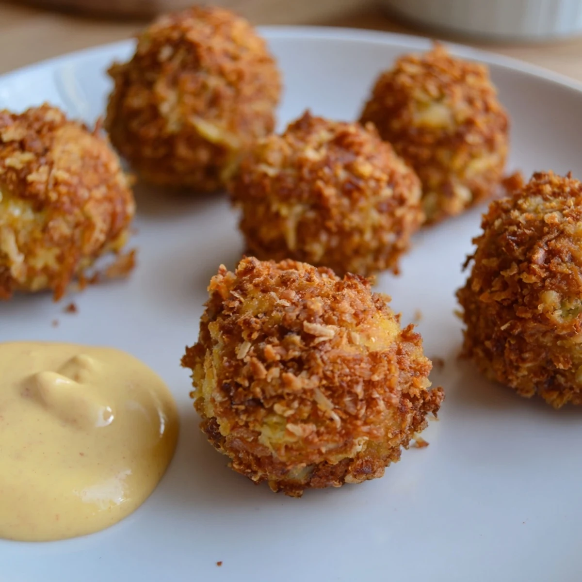 Golden-brown Reuben Balls with Spicy Thousand Island sauce are displayed on a rustic platter with a side of rye bread.