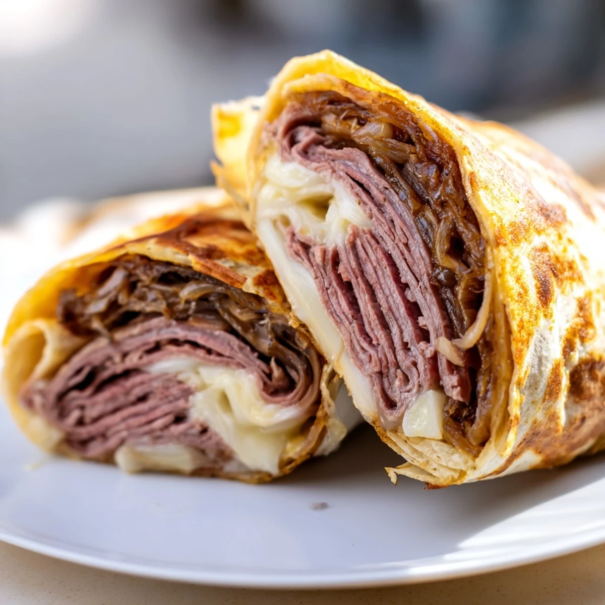 Golden brown Easy French Dip Tortilla Roll Ups filled with tender roast beef, melted provolone, and sweet caramelized onions served with au jus.