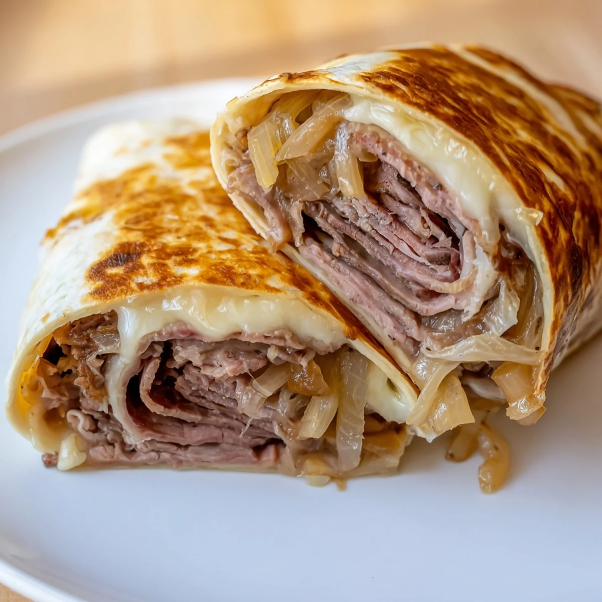 Easy French Dip Tortilla Roll Ups are baked crisp and presented on a wooden board beside a small bowl of steaming dipping sauce.