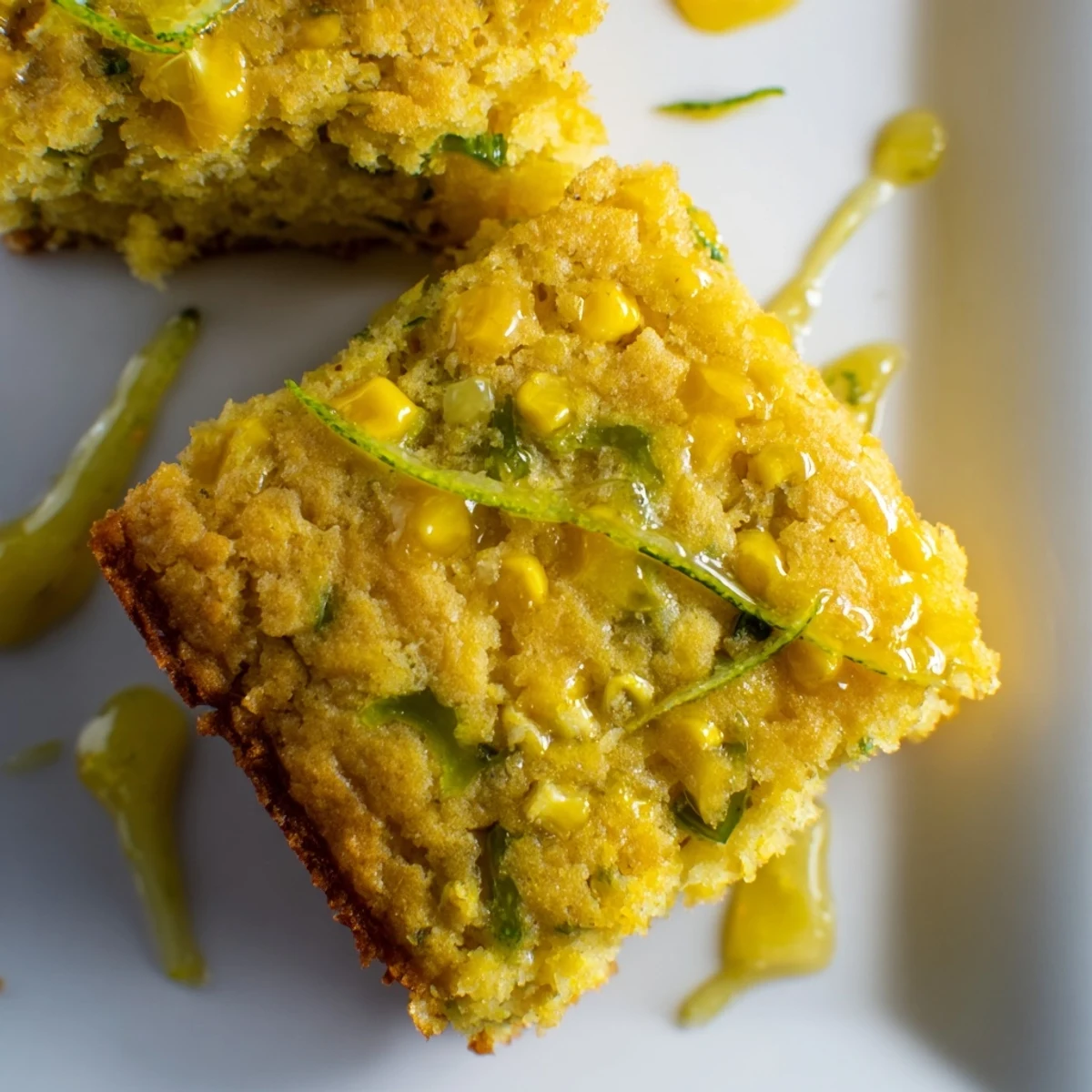 Warm Spicy Sweet Jalapeño Cornbread with Zesty Lime Drizzle topped with glaze, served next to a bowl of chili.