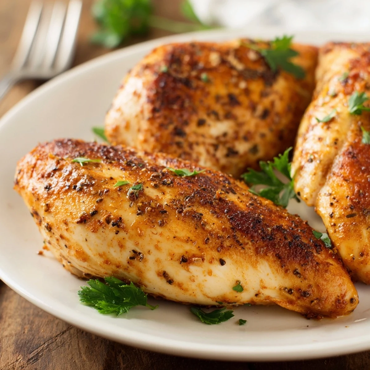 Golden-brown Oven Baked Chicken Breasts fresh from the oven, garnished with parsley and lemon wedges for a healthy American dinner.