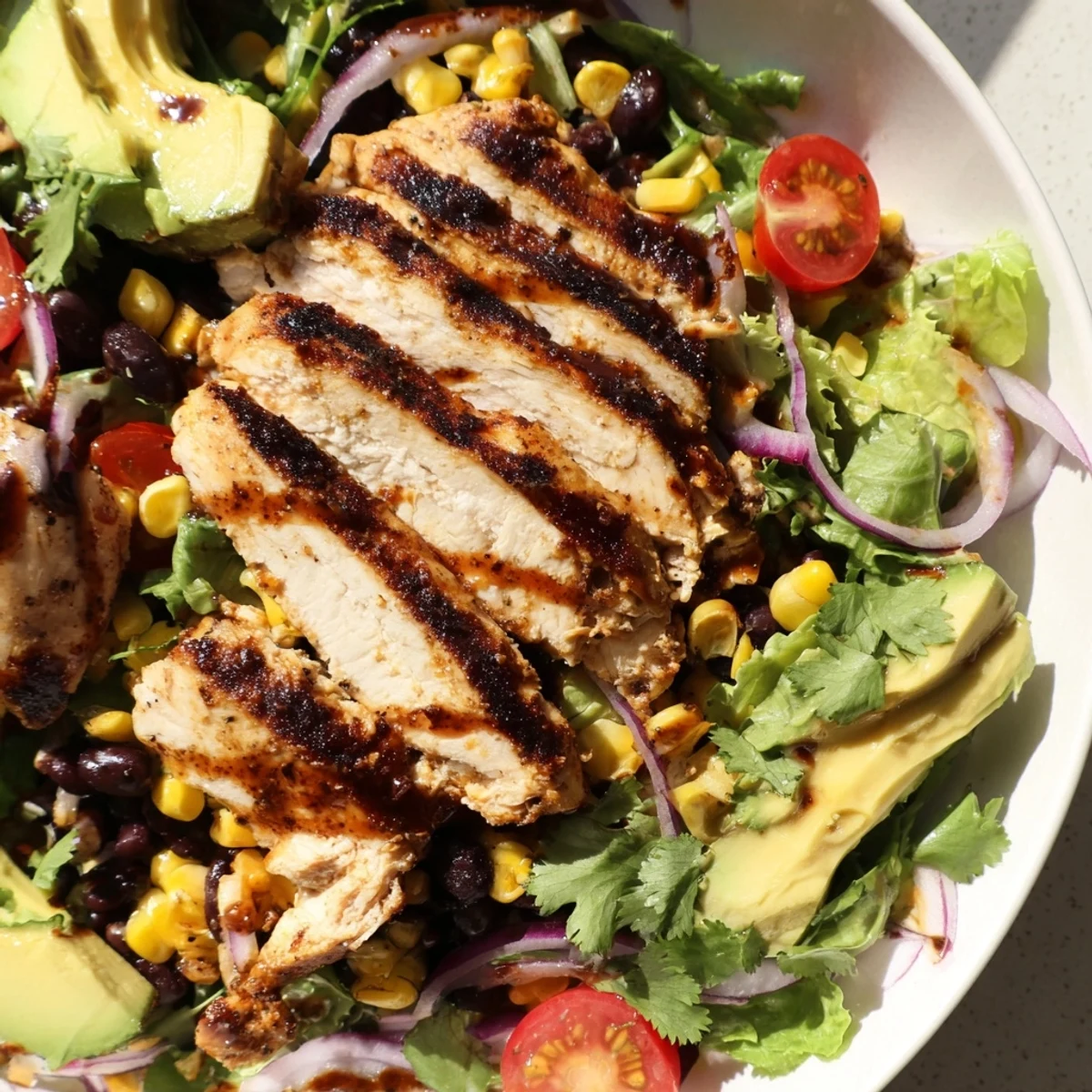 In this image, Chipotle Lime Chicken Salad is served on a platter with avocado slices and cilantro garnish for a refreshing meal.