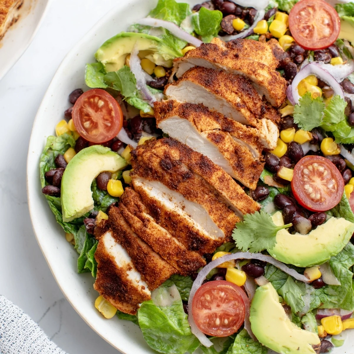 This Chipotle Lime Chicken Salad showcases smoky marinated chicken, crisp vegetables, and tangy lime dressing in a colorful bowl. 