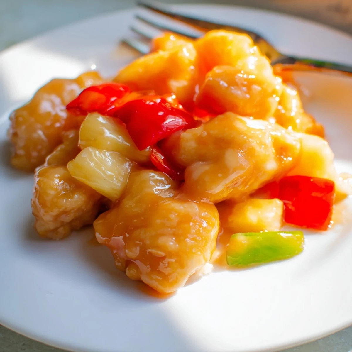A close-up view of Sweet Hawaiian Crockpot Chicken reveals juicy chicken chunks, sautéed onions, and a glossy pineapple-infused sauce.