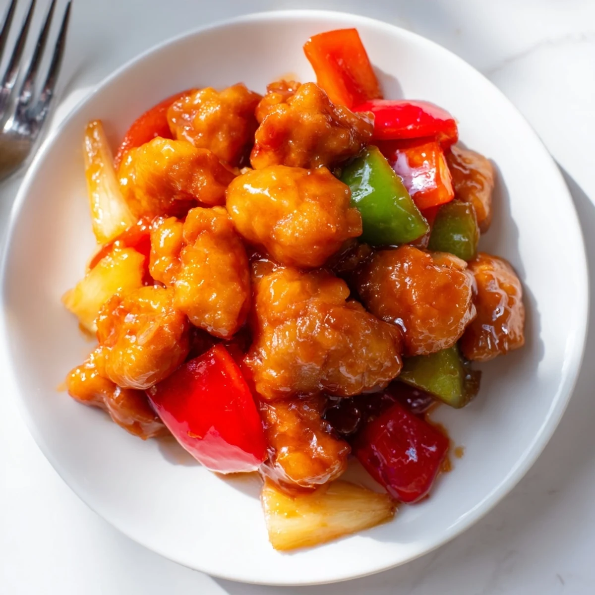 Golden-brown Sweet Hawaiian Crockpot Chicken served in a ceramic bowl, garnished with green onions and sesame seeds, looks perfect for a family dinner.