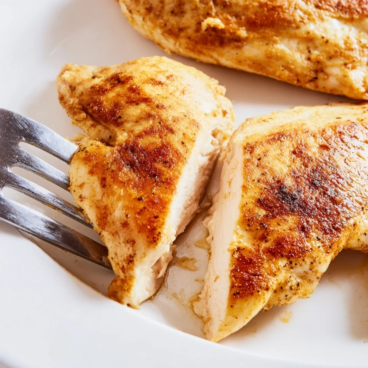 A close-up of golden-brown Oven Baked Chicken Breasts resting on a baking sheet, garnished with fresh parsley and lemon wedges.