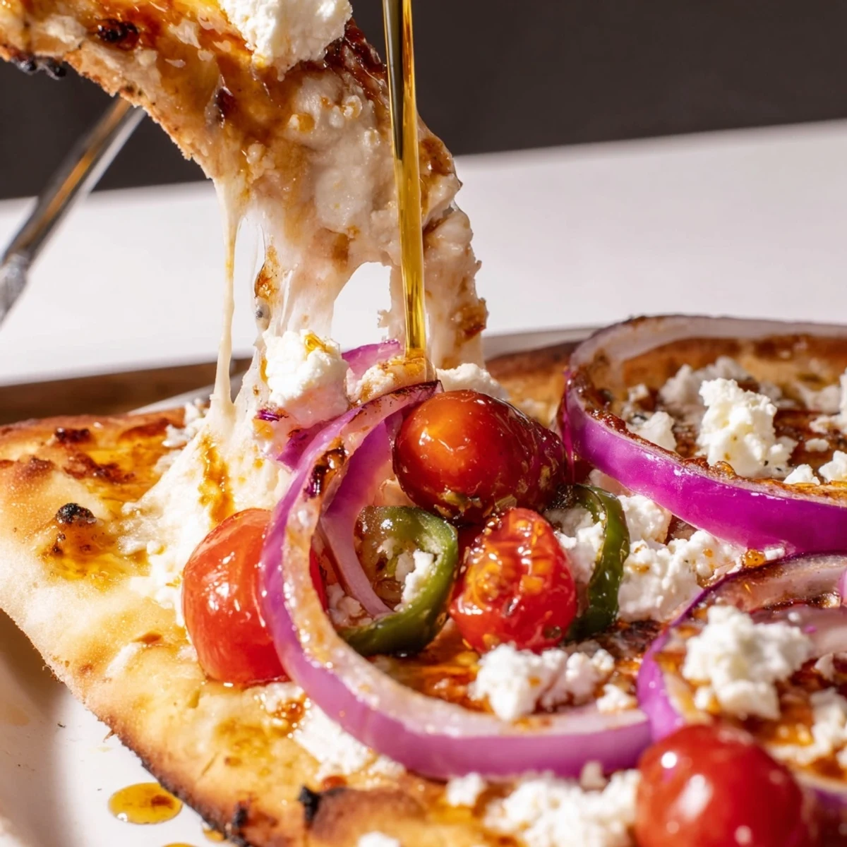 Sizzling Sweet Heat Honey Garlic Flatbread Pizza fresh from the oven, topped with crumbled feta, red onion, and vibrant cherry tomatoes.