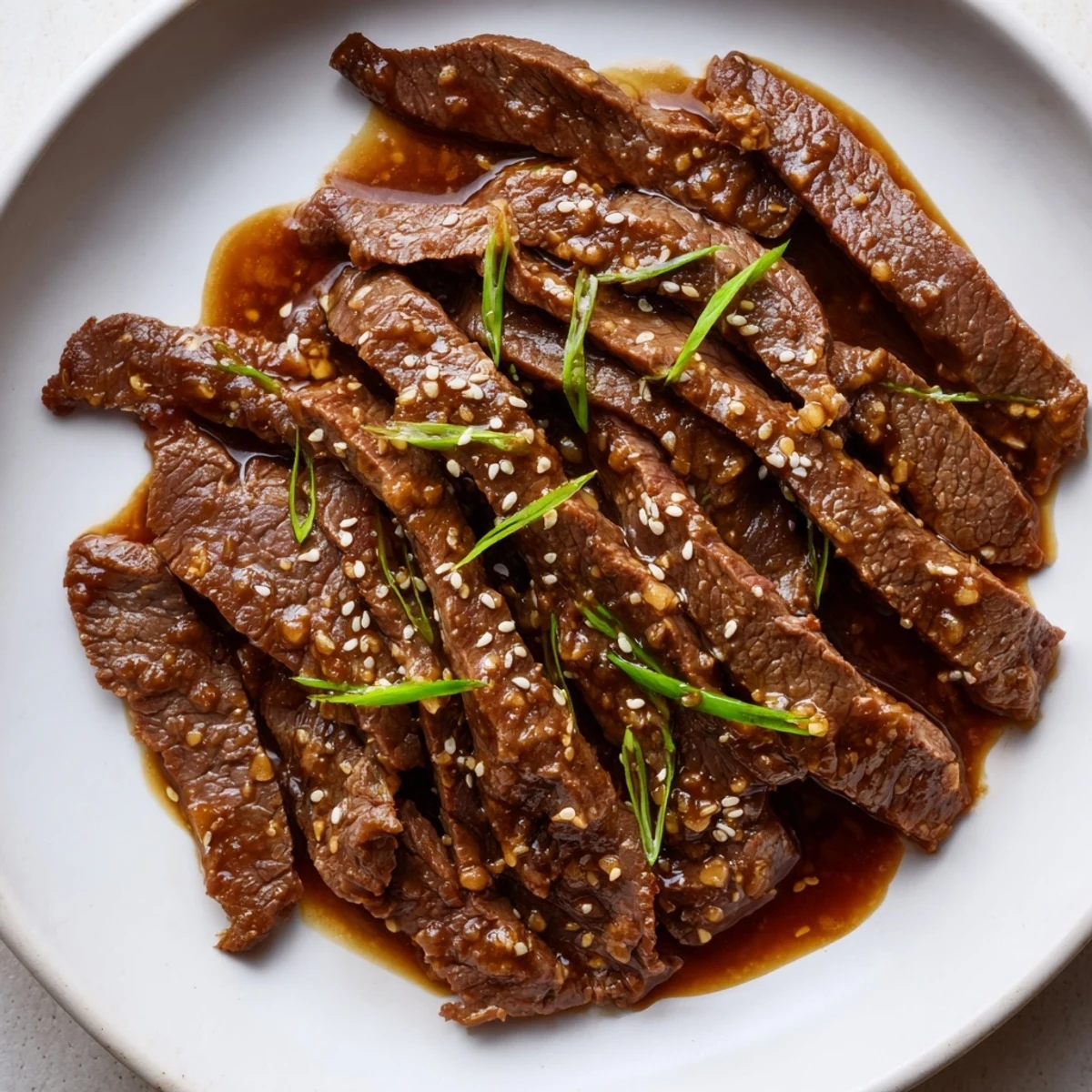 A close-up of Ultimate Slow Cooker Mongolian Beef piled high over steamed rice, garnished with green onions and sesame seeds.