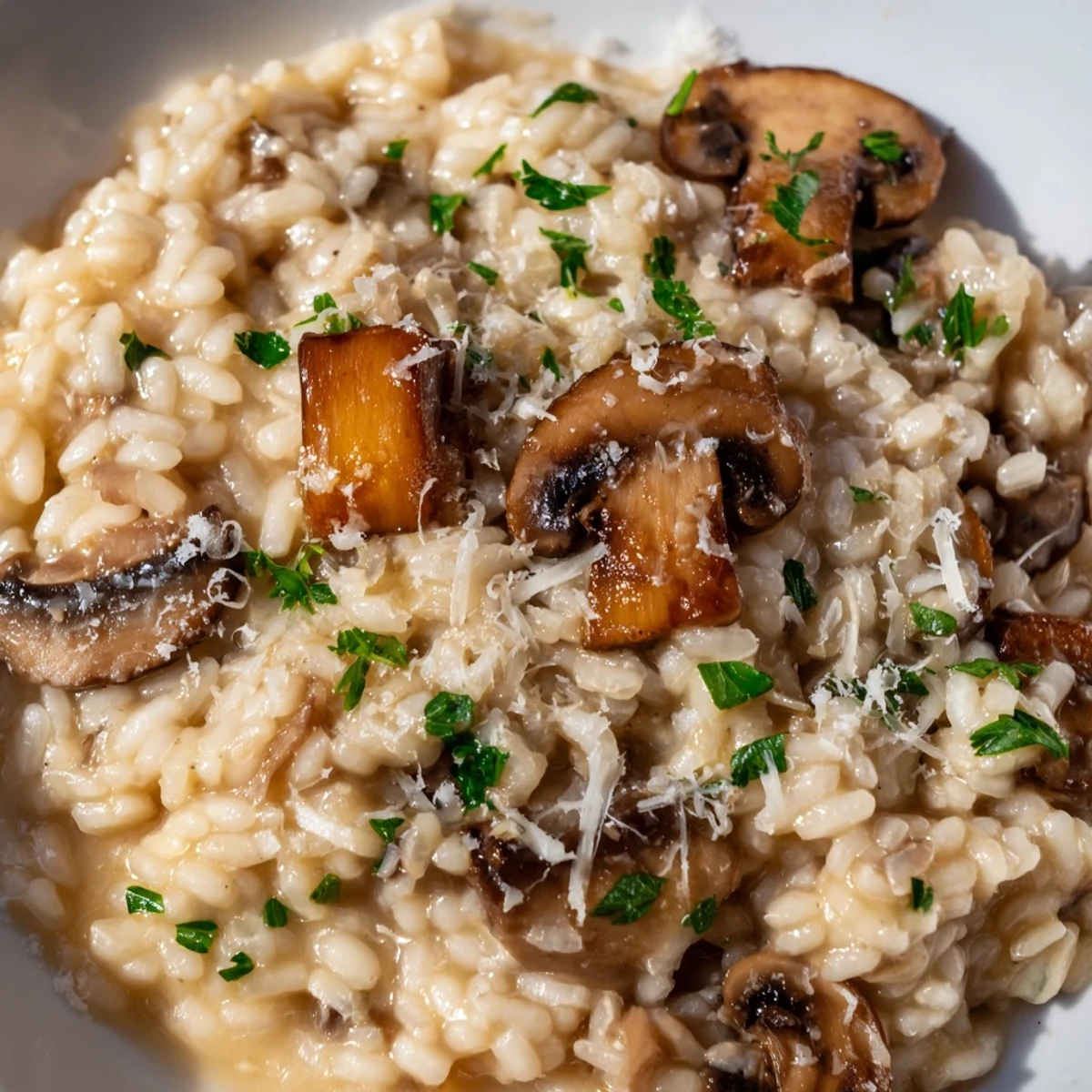 A close-up of creamy mushroom risotto in a white bowl, topped with golden sautéed mushrooms and fresh parsley.