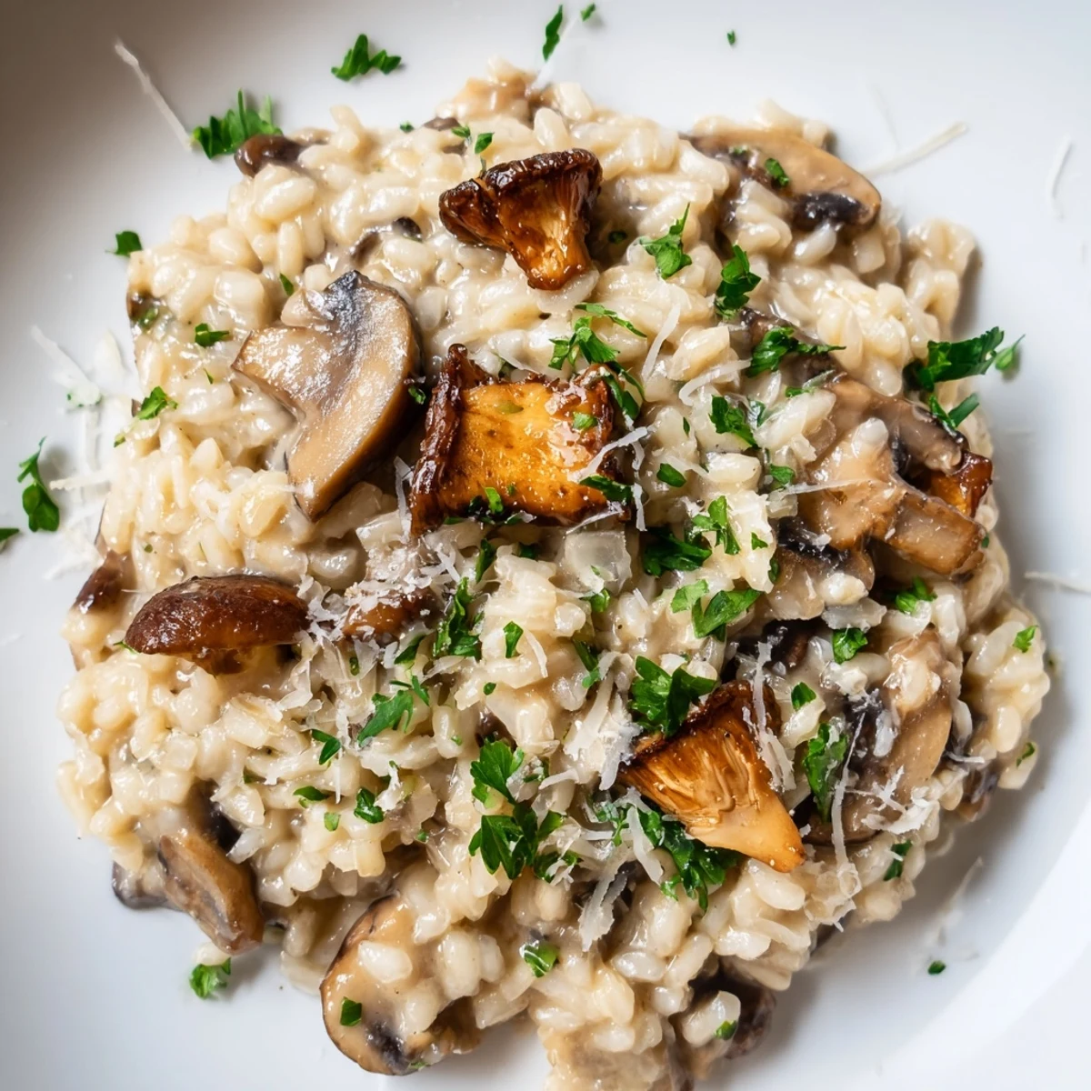 Steaming bowl of creamy mushroom risotto featuring earthy mixed mushrooms, glistening with Parmesan and cream, perfect for weeknight dinners.
