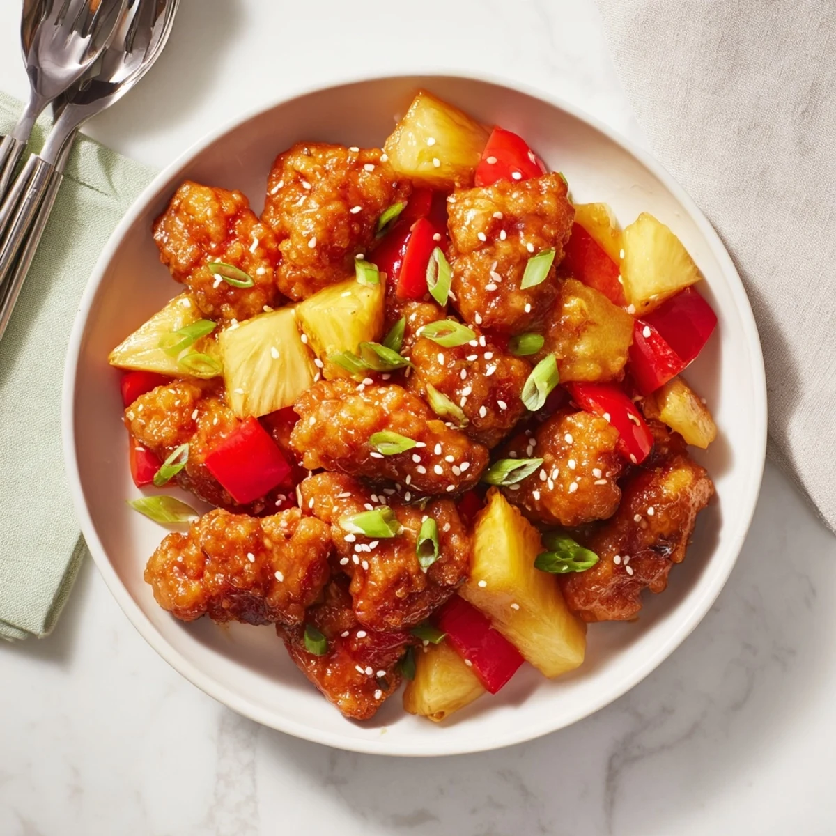 Asian-inspired sticky pineapple chicken served in a skillet, garnished with sesame seeds and fresh green onions for a weeknight dinner.