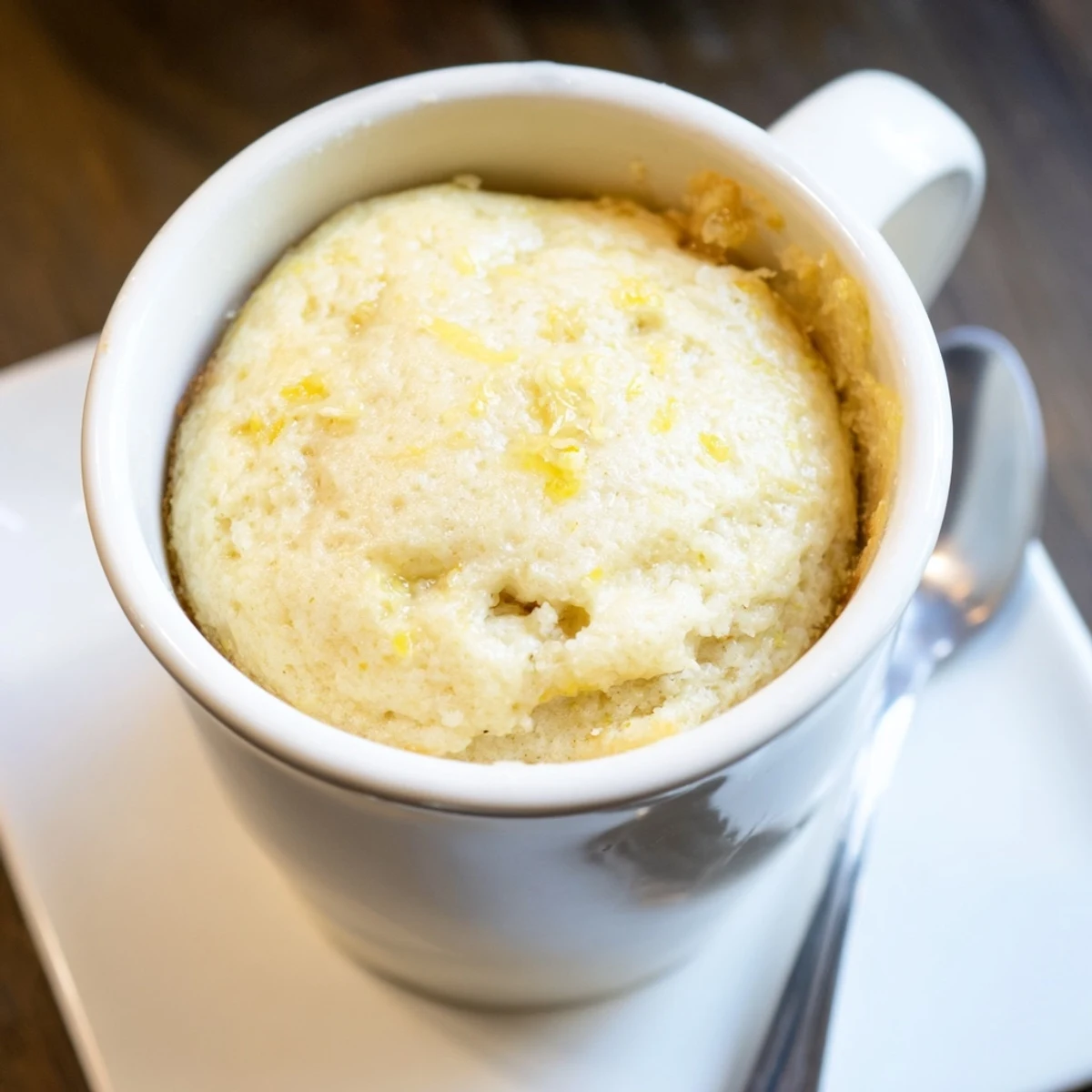 Bright Lemon Cottage Cheese Mug Cake steaming in a white mug, dusted with powdered sugar and extra lemon zest.