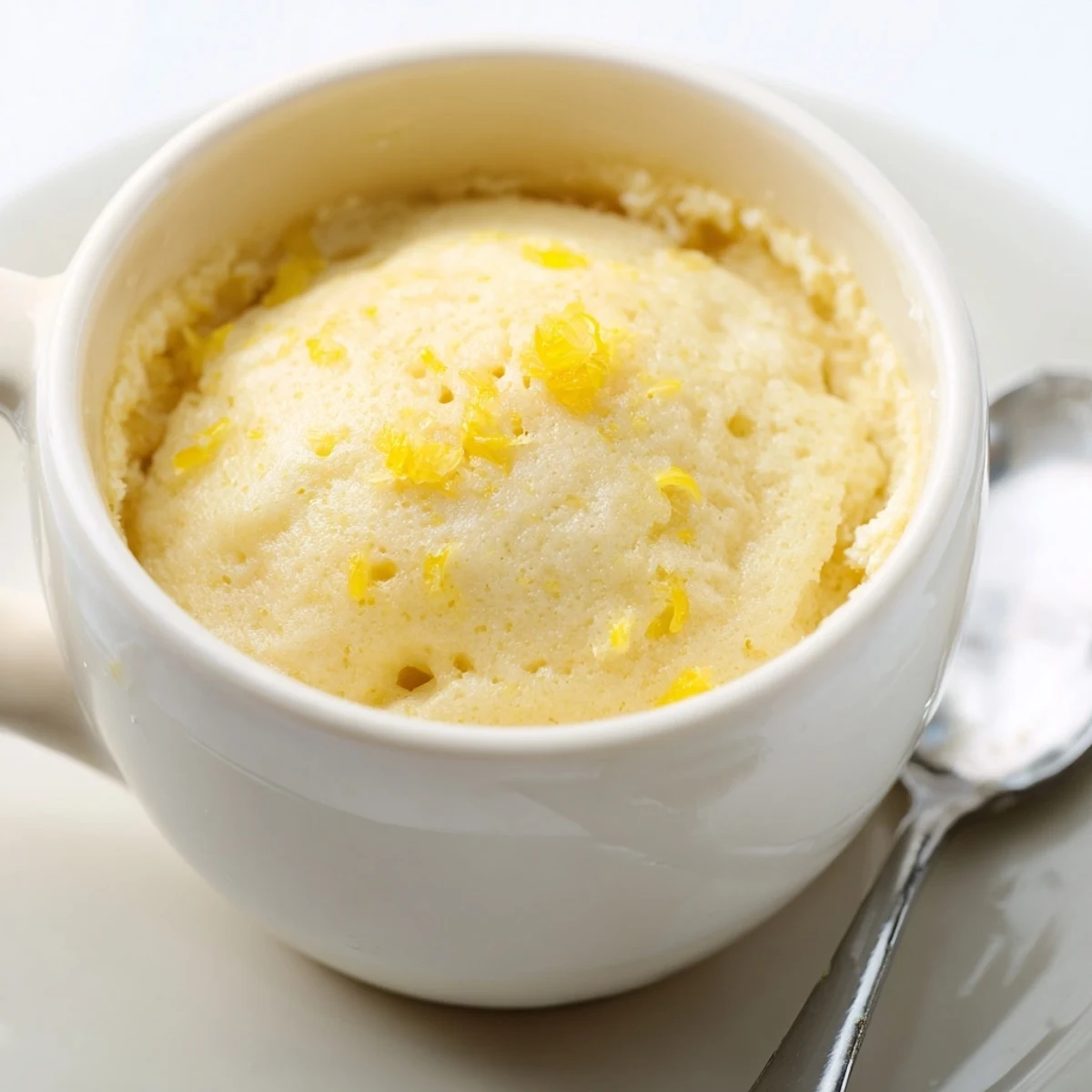 Single-serving Lemon Cottage Cheese Mug Cake topped with yogurt and berries, microwaved and ready to enjoy immediately.