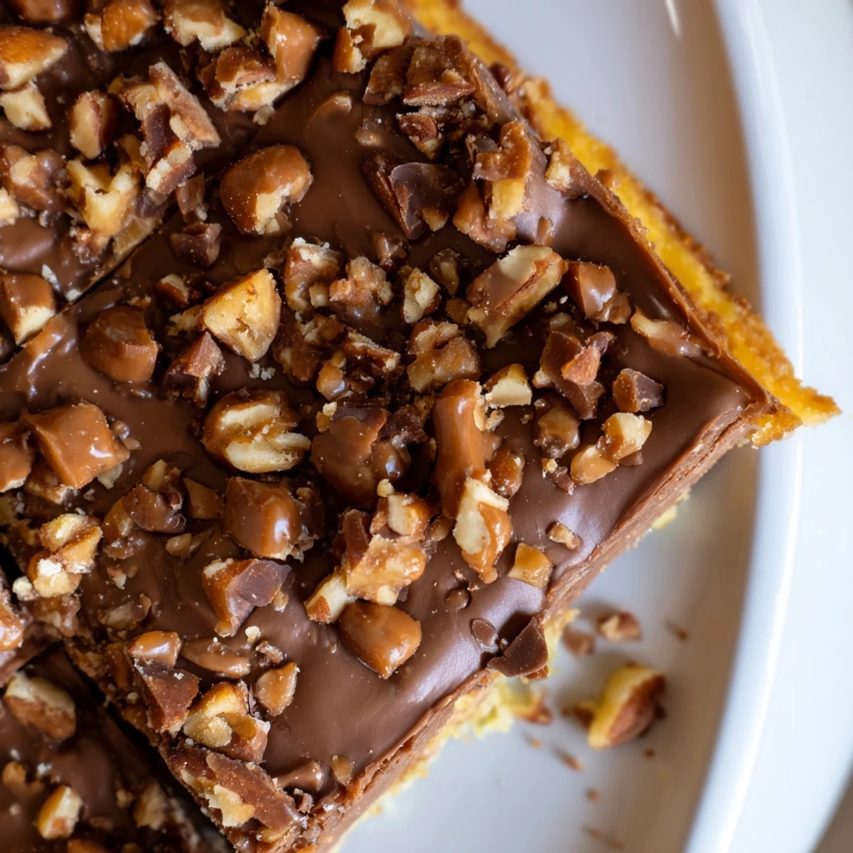 Golden-brown Cake Mix Toffee Bars with melted chocolate, toffee bits, and chopped pecans on a rustic wooden board.