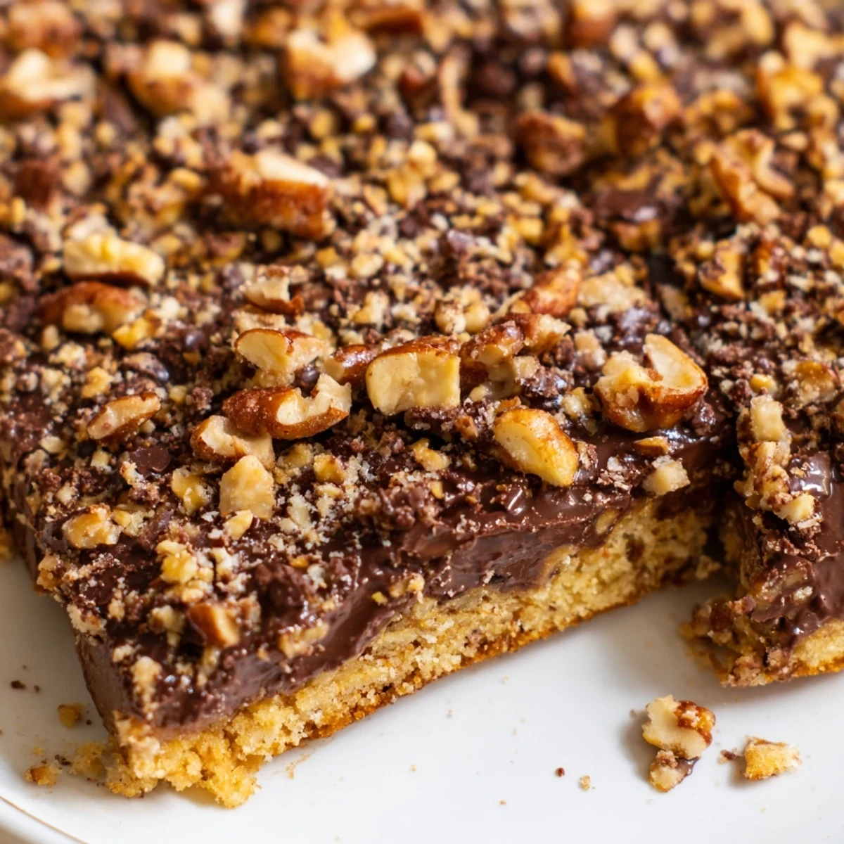 Freshly baked Cake Mix Toffee Bars on a white plate, topped with crunchy toffee and gooey chocolate, ready to serve.