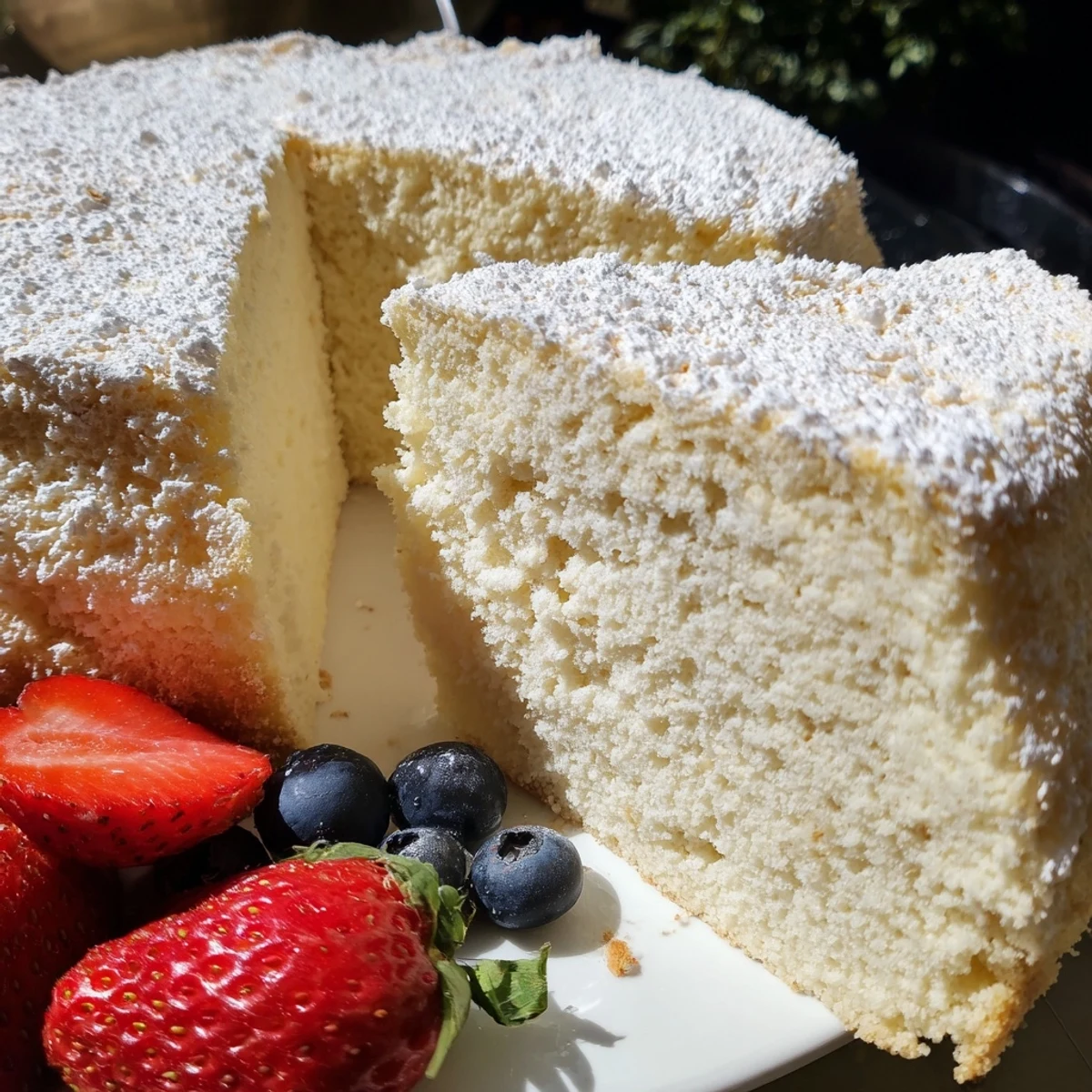 A slice of Fluffy Yogurt Cloud Cake rests on a white plate, dusted with powdered sugar and topped with fresh raspberries for a light dessert.