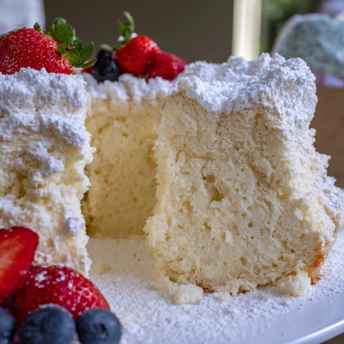 Whole Fluffy Yogurt Cloud Cake sits in a round pan, ready to be served with a dollop of whipped cream and blueberries.
