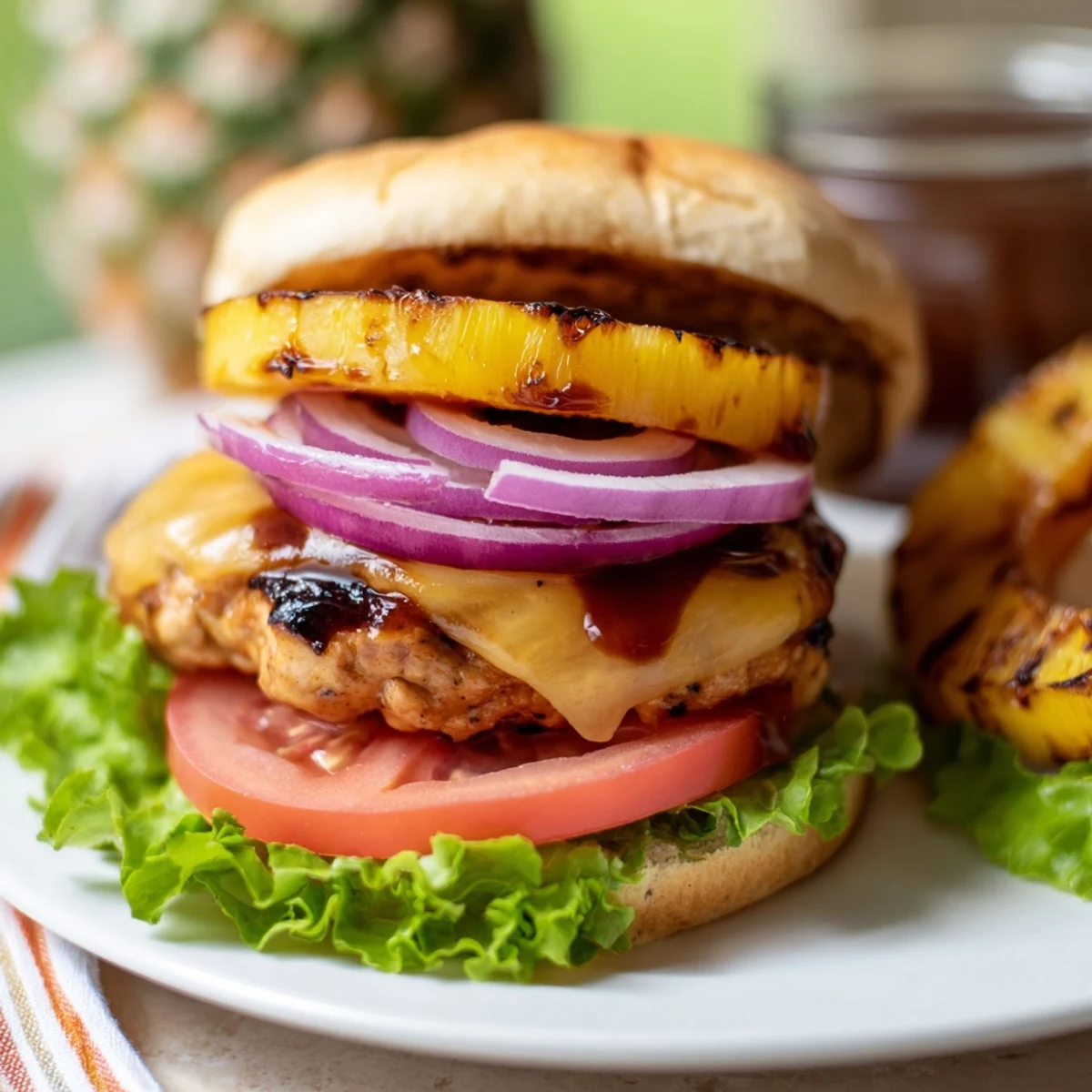 The Hawaiian Pineapple Chicken Burger is assembled with juicy chicken patty and sweet grilled pineapple rings on a plate.