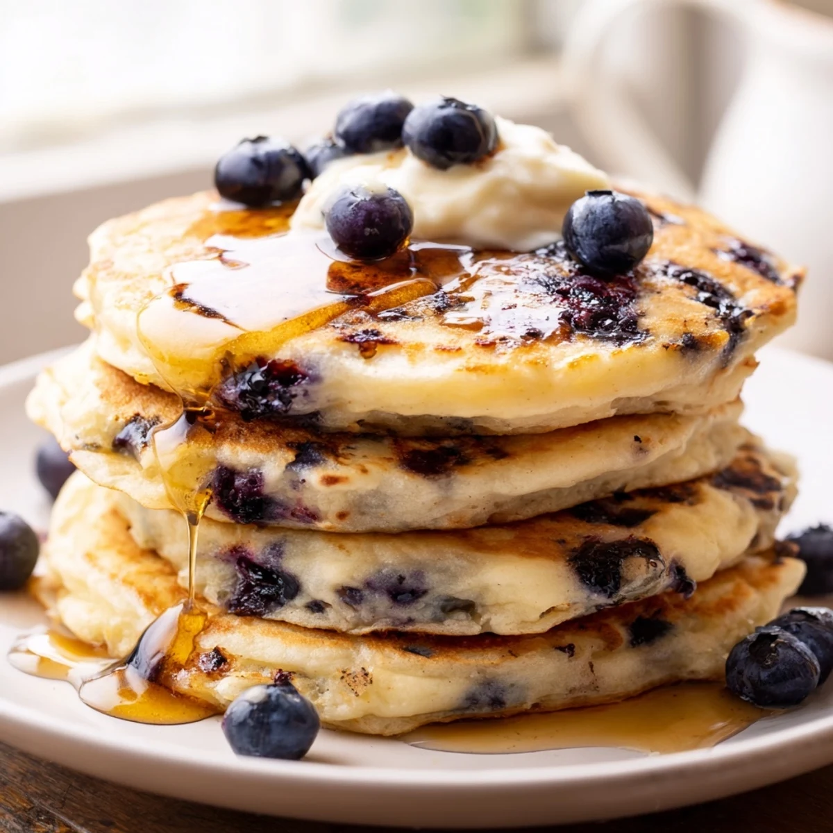Stacks of golden Fluffy Greek Yogurt Blueberry Pancakes, glistening with maple syrup on a white plate.  