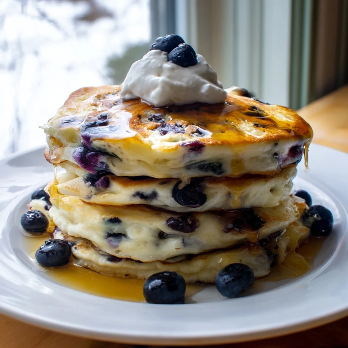 Fresh blueberries and a dollop of Greek yogurt top these Fluffy Greek Yogurt Blueberry Pancakes on a rustic table.  
