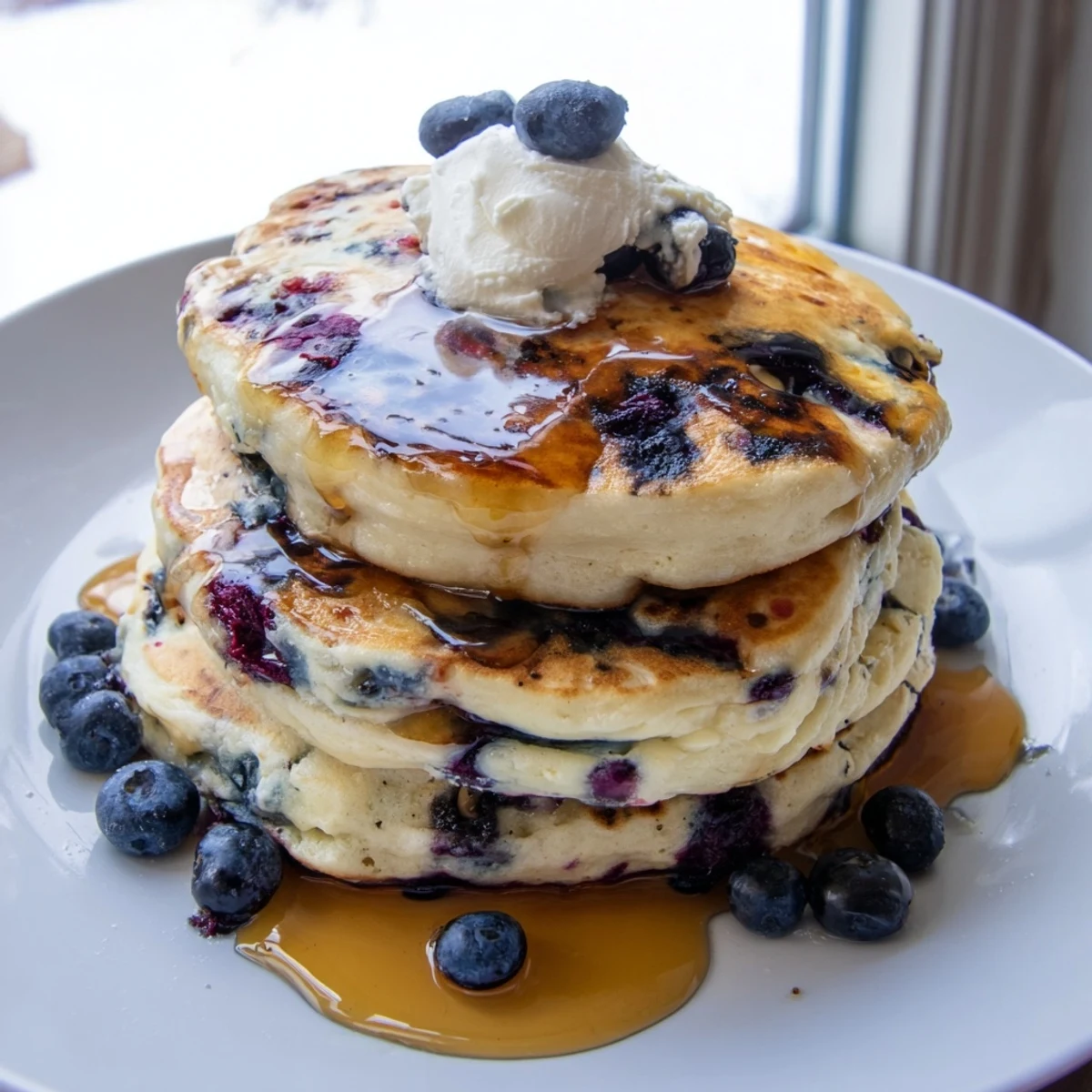 These Fluffy Greek Yogurt Blueberry Pancakes show airy texture and plump blueberries on a blue ceramic plate.