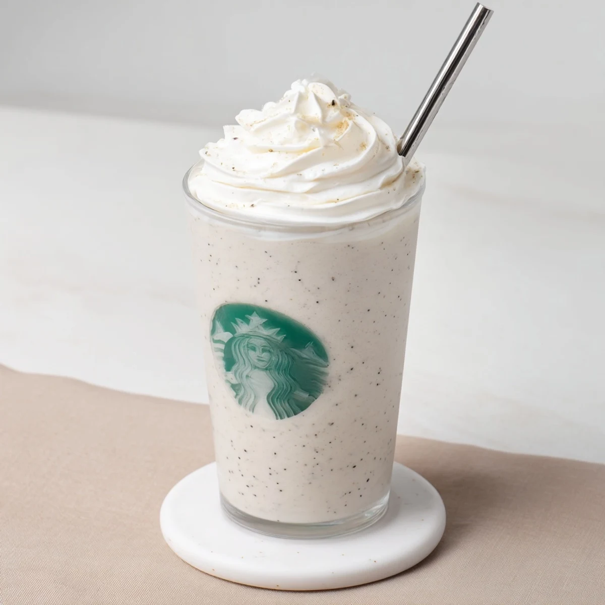 Creamy Starbucks Vanilla Bean Frappuccino topped with fluffy whipped cream in a tall glass.