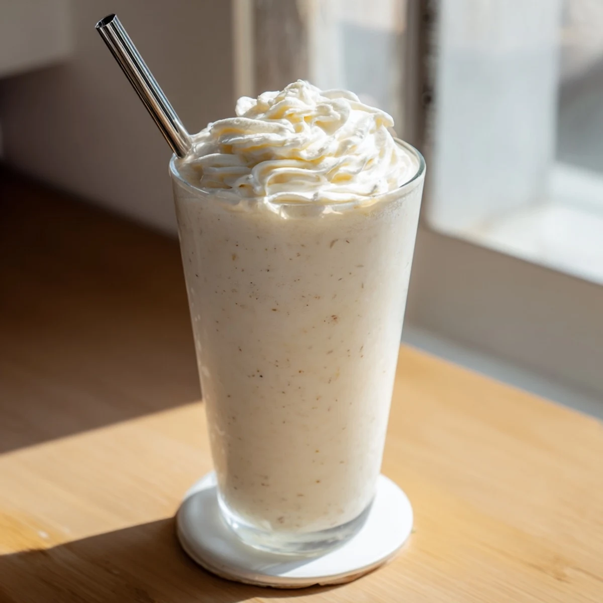 Served with a straw beside the coffee shop recipe for a refreshing summer treat.