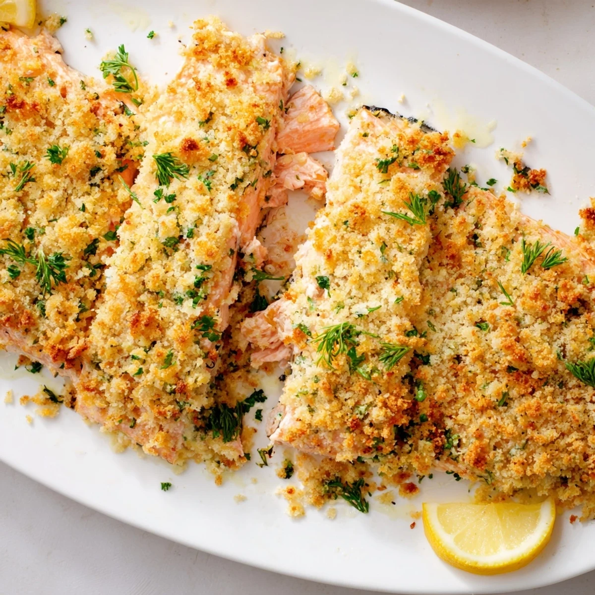 Freshly baked Irresistibly Crispy Parmesan Salmon fillet topped with herby, golden crumbs and a lemon slice.  